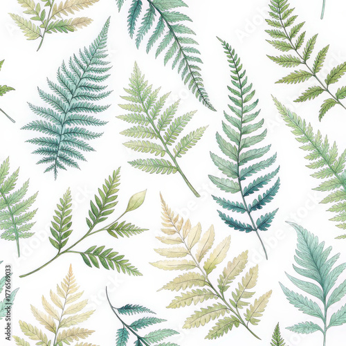 Watercolor fern leaf seamless pattern botanical green foliage nature background