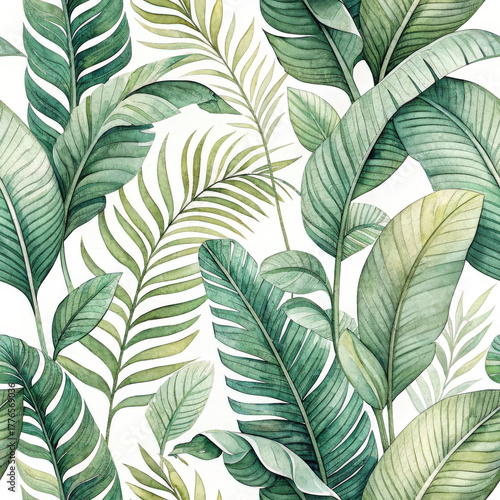 Watercolor botanical seamless pattern with green tropical leaves, fresh and natural style