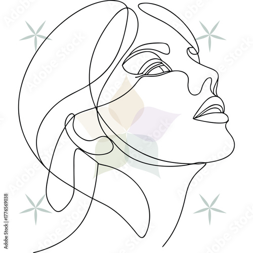 Minimalist Continuous Line Art a Woman's Face Looking Upwards profile head abstract beauty single lineart