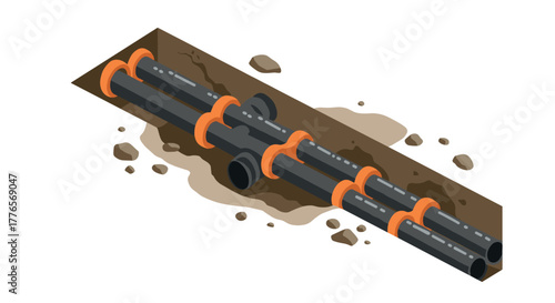 Underground pipeline installation with isometric sewer system