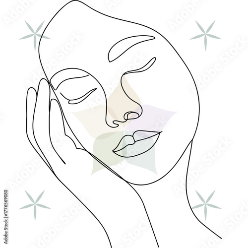 Minimalist Continuous Line Art a Woman's Face with Hand Cheek profile head abstract beauty single lineart