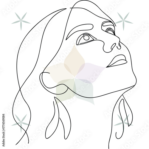 Continuous Line Art a Woman's Face Looking Upwards with Earrings profile head abstract beauty single lineart