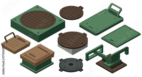 Isometric sewer covers and utility access panels in various designs and sizes