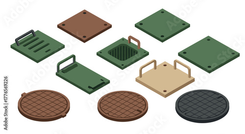Isometric manhole covers collection urban utility designs in various shapes and colors