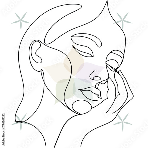 Continuous line art a woman's face with closed eyes hand touching cheek head abstract beauty single lineart