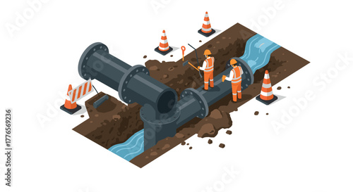 Isometric construction scene with workers fixing underground pipe in urban setting