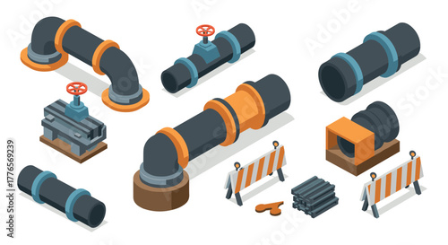 Isometric set of industrial pipelines with valves and construction barriers