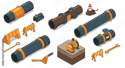 Isometric construction set with pipes, barriers, and tools for infrastructure projects