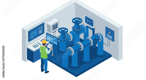 Engineer managing automated industrial system in isometric design