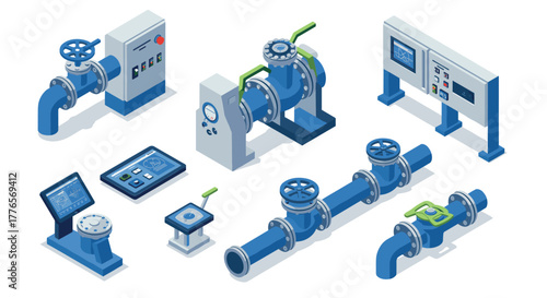 Isometric industrial pipe system with control panels and valves