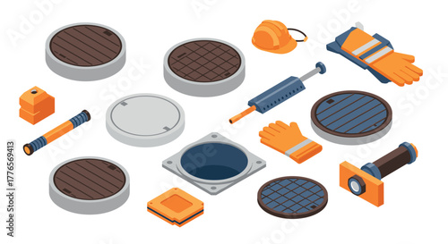 Isometric set of construction safety gear and manhole covers