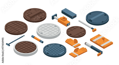 Isometric manhole covers and tools set with safety equipment and construction tools