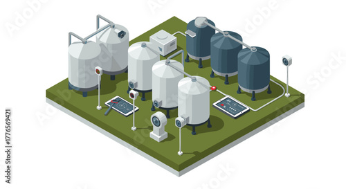 Isometric industrial tanks and control panels on platform