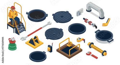 Isometric sewer maintenance equipment collection featuring tools and worker elements