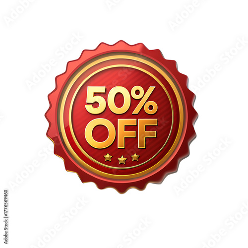 Modern Red and Gold Sale Badge with 3D Glossy Circular Design and 50% OFF Text, Metallic Reflections Isolated on Transparent Background
Luxury 3D Discount Emblem in Red and Gold, Glossy Round Promoti