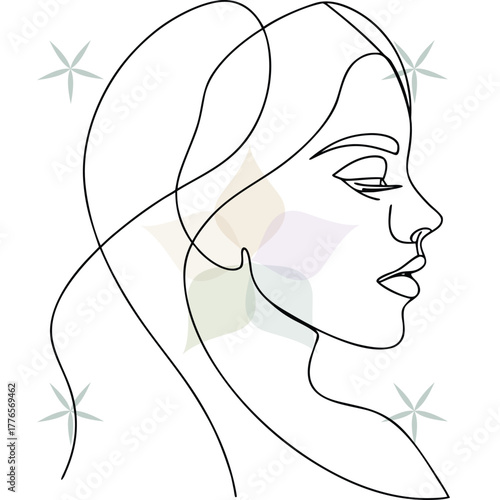 Minimalist line art a woman's profile with closed eyes subtle floral overlay abstract beauty single lineart