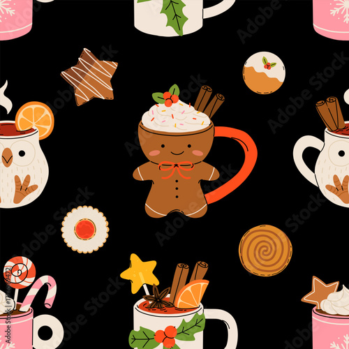 Seamless Christmas pattern with cute mugs of hot chocolate, coffee, whipped cream, gingerbread cookies, and festive sweets. Cozy winter holiday vector illustration.