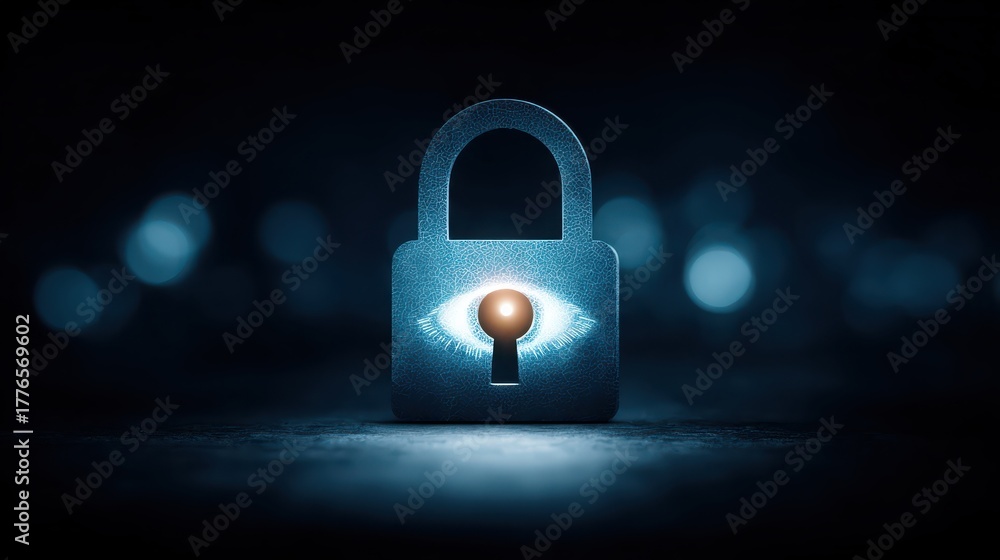 Fototapeta premium A visually striking padlock with an eye motif, symbolizing security and vigilance in a digital age, set against a dark, blurred background.