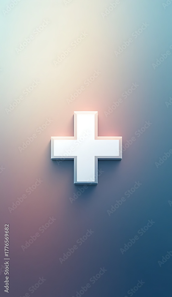 Fototapeta premium A white plus sign with a soft glow against a gradient background
