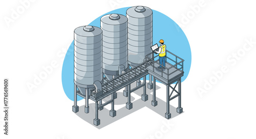 Industrial worker on metal walkway near large cylindrical tanks in flat isometric design