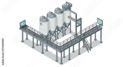 Isometric industrial plant with silo tanks and control panels