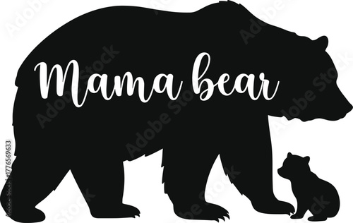 Mama bear silhouette, bear cub illustration, wildlife family art, protective mother animal, black vector graphic, nature, motherhood, forest, cute