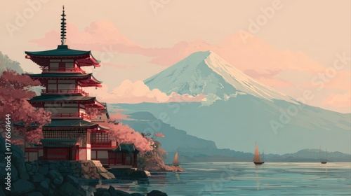 japanese temple mountain lake sailboats