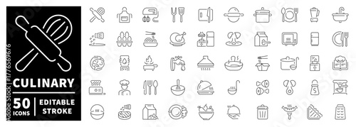 Culinary icons set. editable line icons, outline, kitchen and food symbols