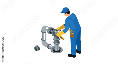 Isometric plumber fixing industrial pipes with tools on white background
