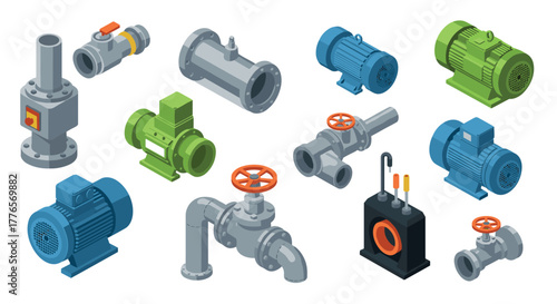 Industrial equipment set with valves, motors, and pipes in isometric style