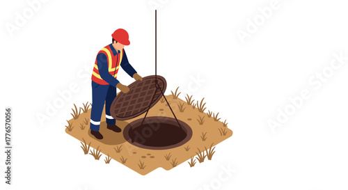 Construction worker opening manhole cover on grass patch in isometric style