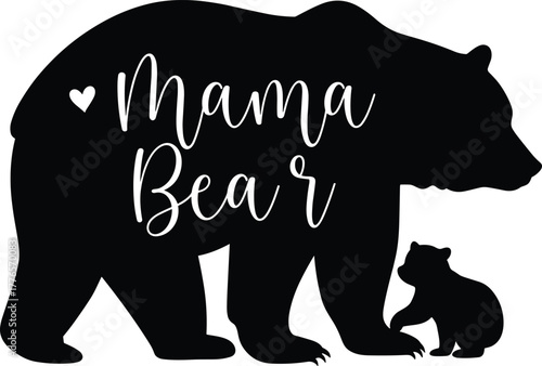 Mama Bear silhouette, bear cub love, wildlife family art, mother protection, animal bond, black vector, cute nature design, parenting icon