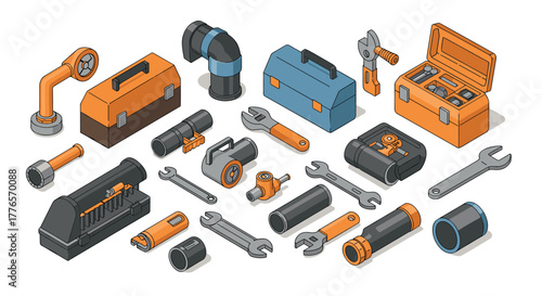 Isometric toolkit design with wrenches and piping elements