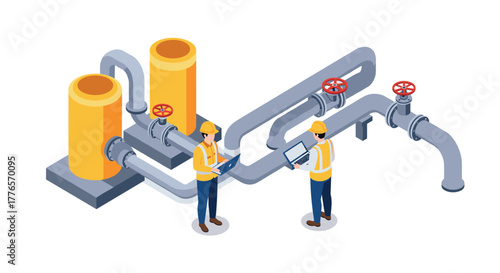 Isometric industrial engineers analyzing pipeline system with digital devices