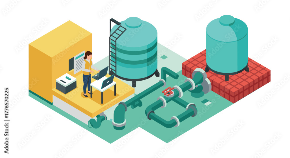 Fototapeta premium Isometric water treatment facility with engineer monitoring pipeline system