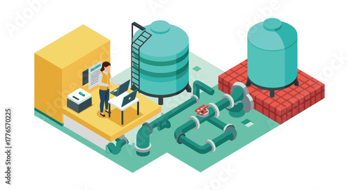 Isometric water treatment facility with engineer monitoring pipeline system