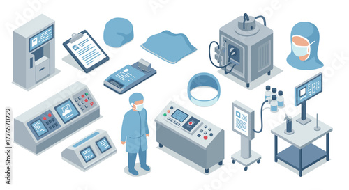 Isometric medical lab setup with equipment and personnel in protective gear