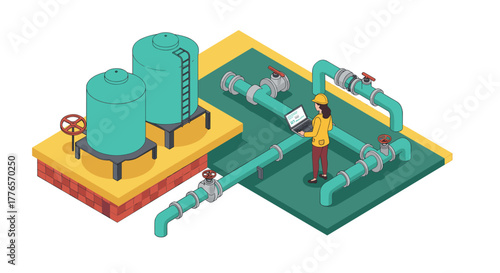 Engineer monitoring industrial pipeline system in isometric design