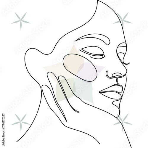 Elegant woman's face in profile with hand touching cheek minimalist line art abstract beauty single lineart