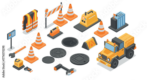 Construction site tools and equipment set in isometric style