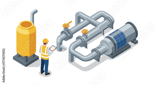 Isometric industrial worker inspecting pipeline system with digital tablet