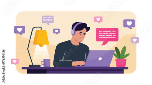 person wearing headphones working on laptop with speech bubbles and hearts – modern illustration for remote work, streaming, or online chat
