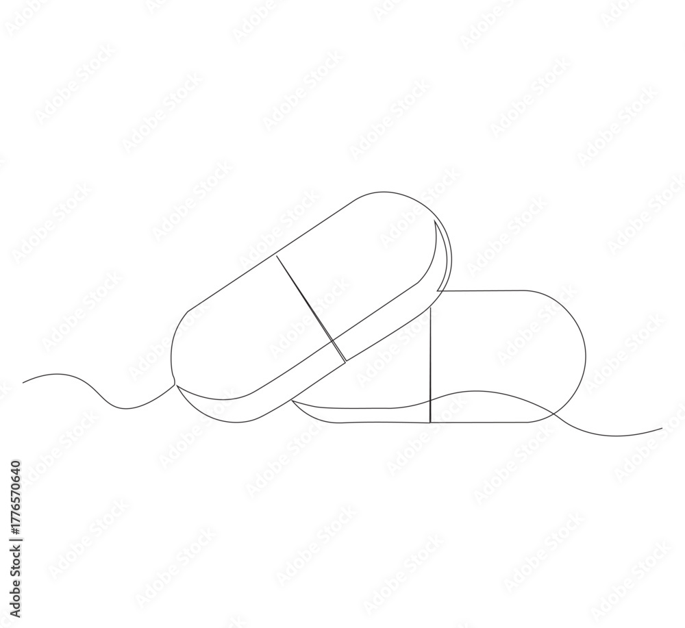 Obraz premium Continuous image of two medicine pills or capsules.white background, Medical drug pharmaceutical care vector illustration.