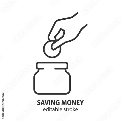 Saving money line icon. Hand putting coin into a glass jar. Vector symbol investment, financial growth and security. Editable stroke.