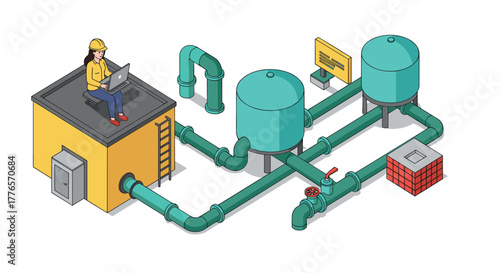 Isometric industrial engineer working on rooftop with pipeline system and storage tanks