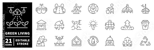 Green living icons set. editable line icons for sustainability and eco-friendly design