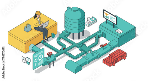 Industrial workflow with engineer monitoring water treatment system in isometric design