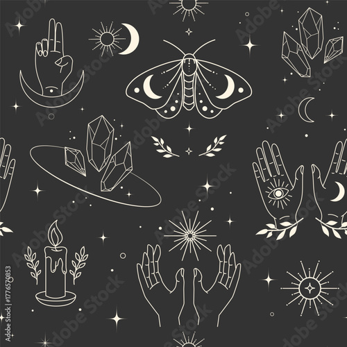 Esoteric Seamless Design with Mystical Icons in Minimal Line Style.Seamless mystical pattern with spiritual hands in boho style for tarot cards, packaging, fabric, witchy branding, stationery. Vector