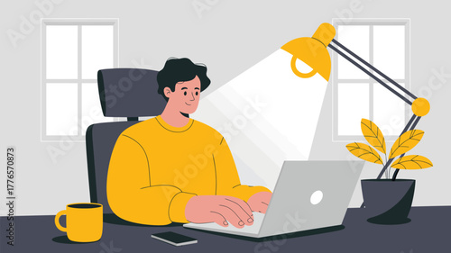 person working on laptop at desk with lamp and coffee mug – modern home office illustration symbolizing productivity and remote work setup