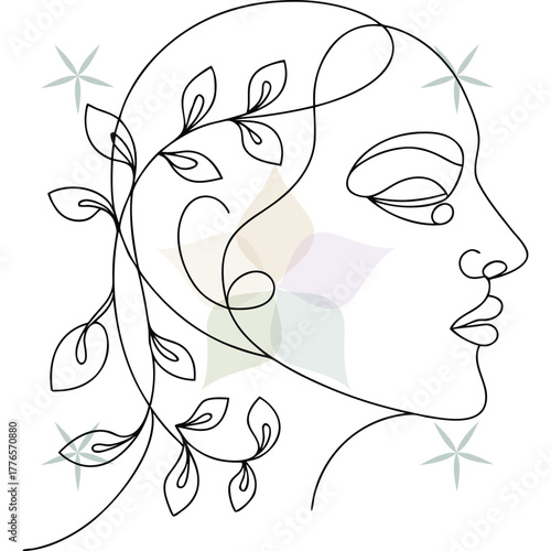 Single line drawing a woman's profile with flowing hair leaves abstract beauty single lineart